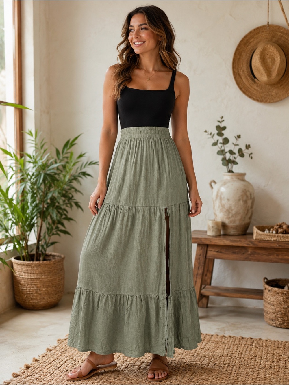 328) NWT Forever 21 Sage Green Tiered Maxi Skirt Boho Cottagecore